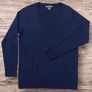Eddie Bauer Navy Blue Cotton Cashmere V-Neck Sweater Womens Large